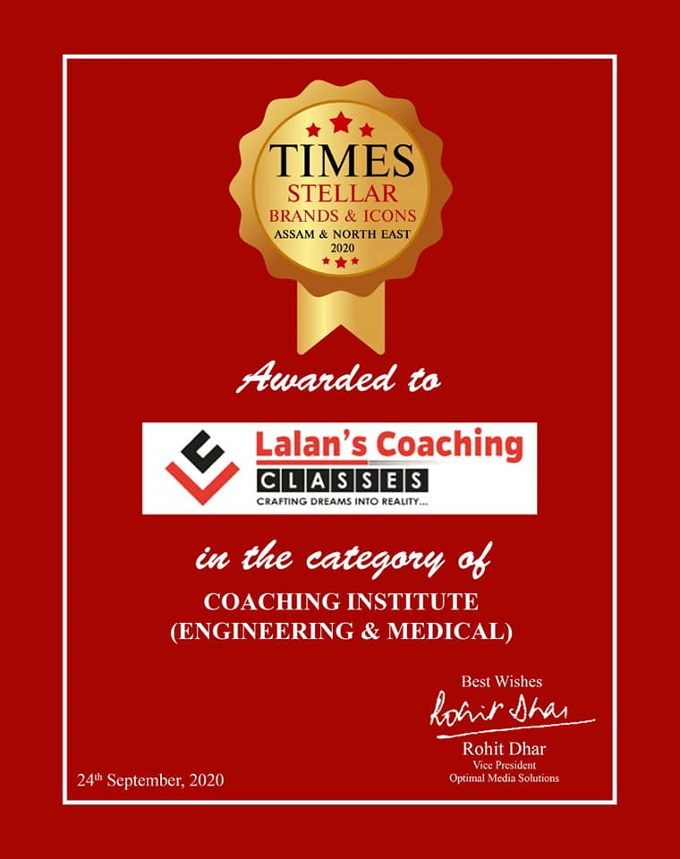 Times Award 2020 - Best Coaching Classes in Assam for Engineering and Medical