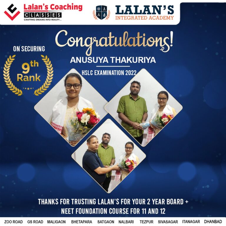 Lalans Coaching Result 2022 - Anusuya Thakuriya 9th Rank in HSLC Exam 2022