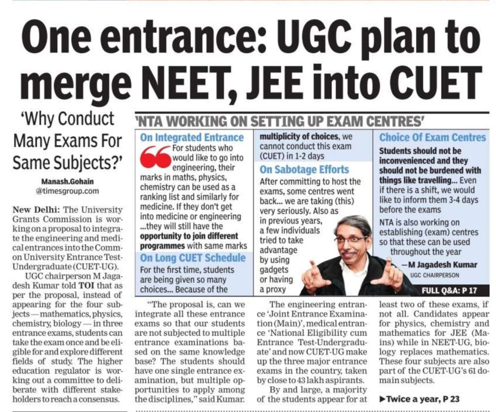 UGC notification on merging NEET & JEE into CUET as One Entrance Exam