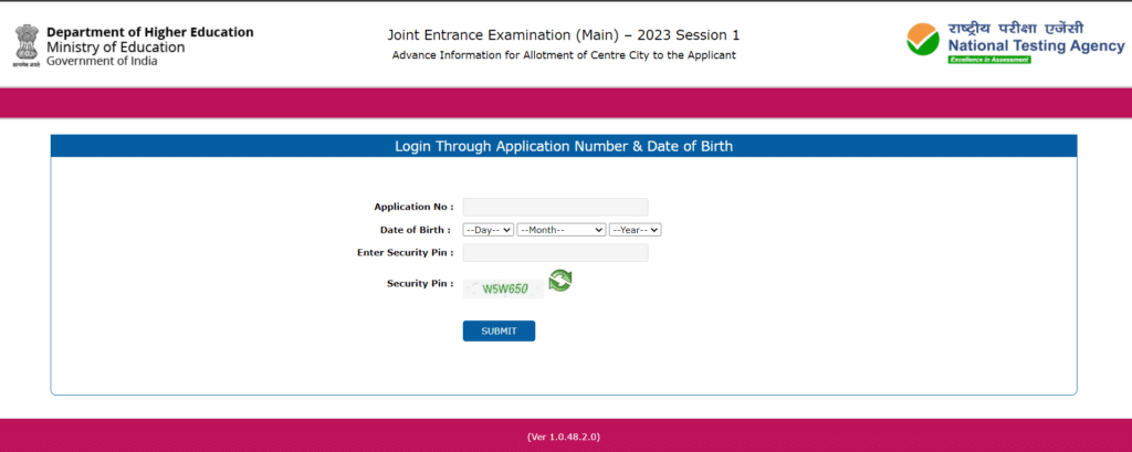 JEE MAIN 2023 City allotment login page